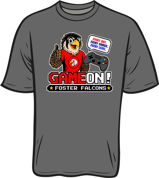 Foster Game on charcoal shirt
